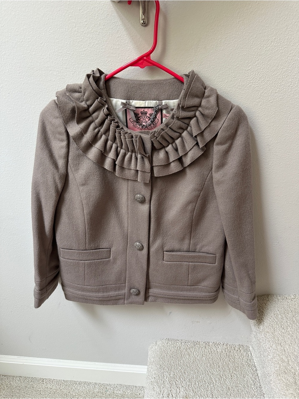 Juicy Couture Taupe Ruffle Collar Pea Coat